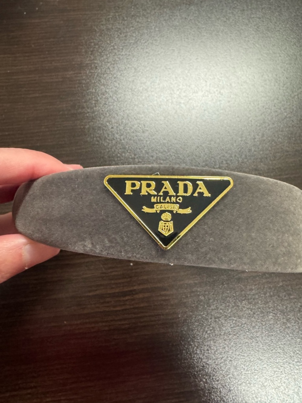 Prada Milano Gray Suede Headband with Gold Logo